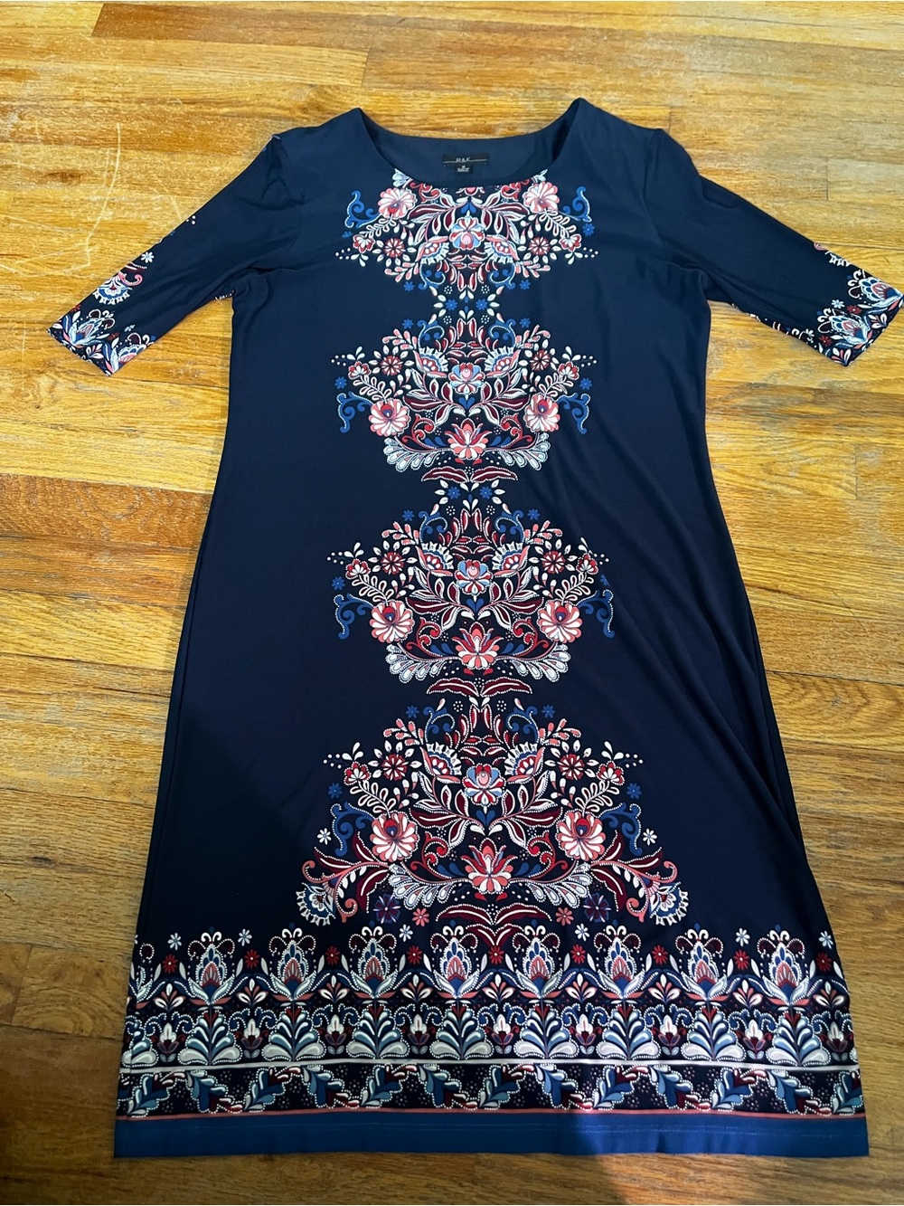 R&K Navy Midi Dress with Pink & Blue Floral Medallions